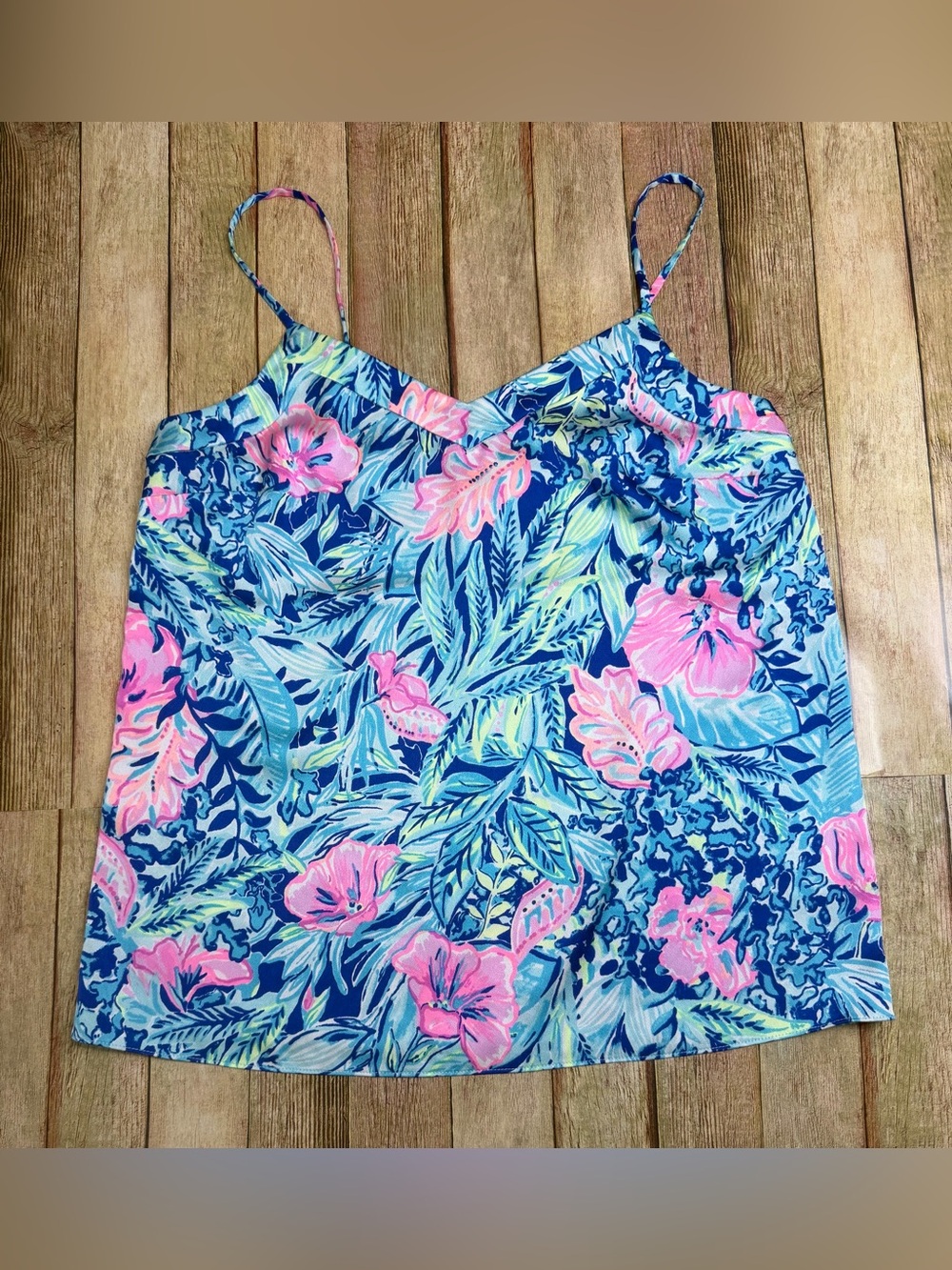 Lilly Pulitzer Blue Pink Tropical Floral Spaghetti Strap Tank